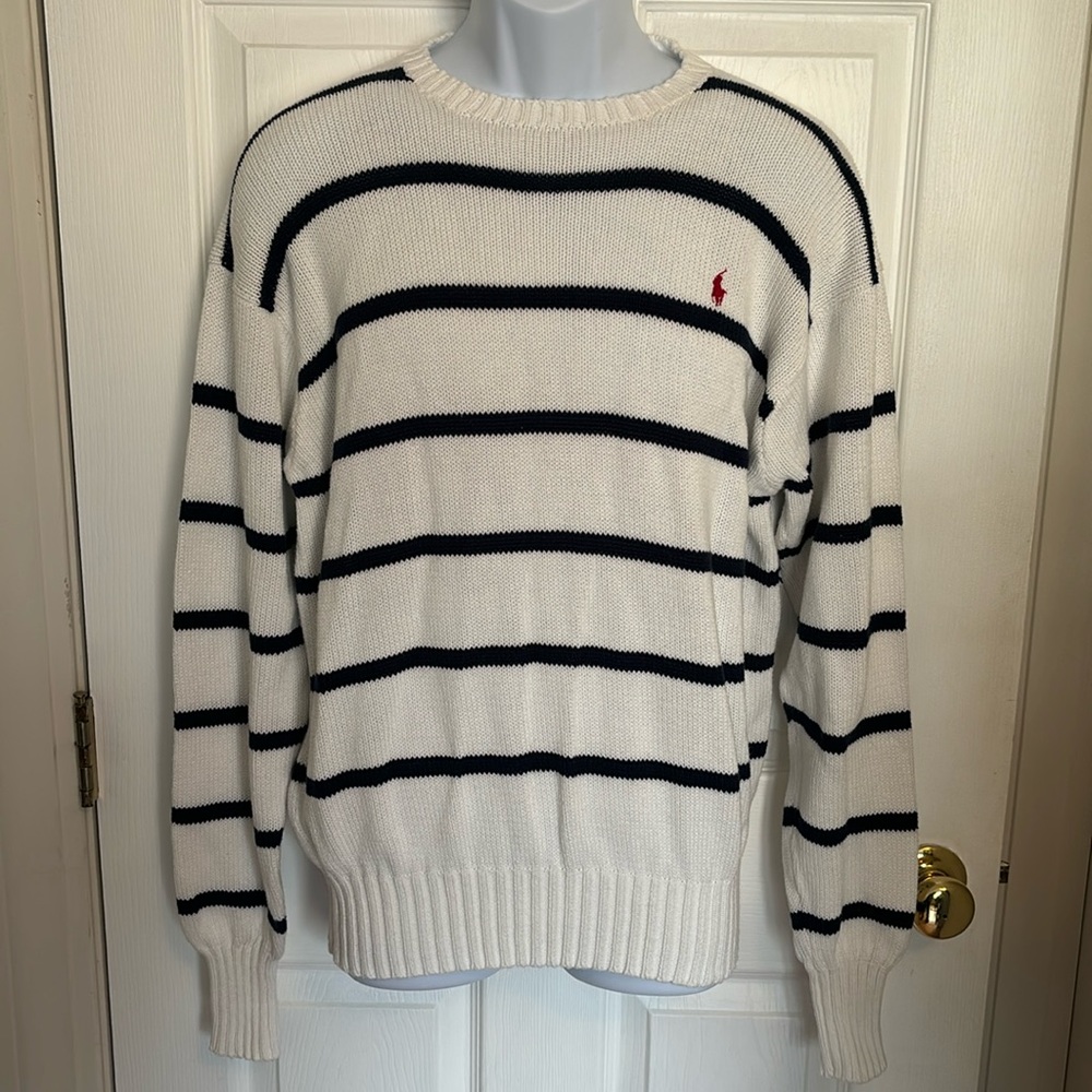 Polo Ralph Lauren Vintage Style White & Navy Blue Striped Sweater